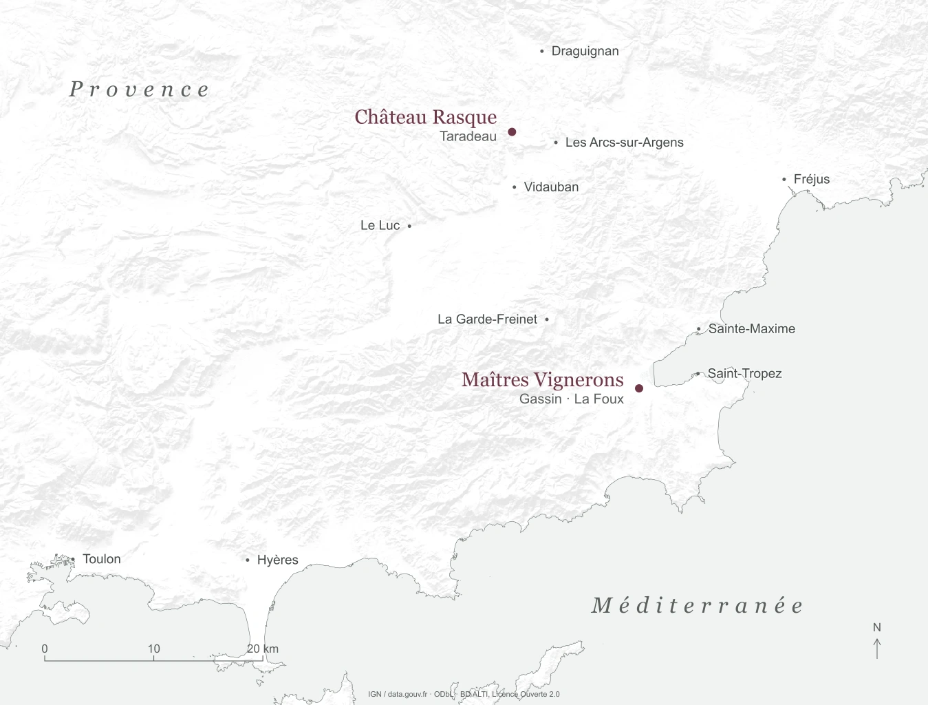 Map of the Var showing Château Rasque above Taradeau and Maîtres Vignerons at La Foux, Gassin